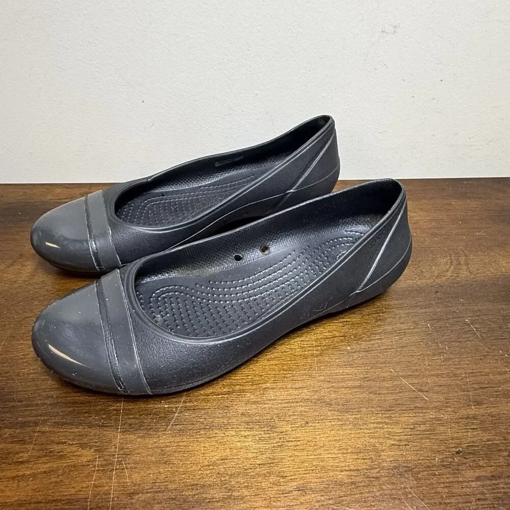 Crocs Ballet Flats Womens Sz 7 Black Rubber Slip On Cap Toe Shoes Loafers